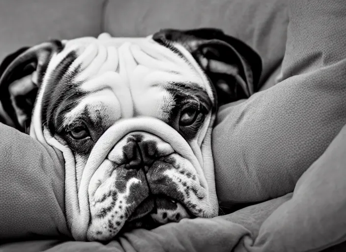 Image similar to a closeup, 4 5 mm, portrait of a sleeping english bulldog in a bed, on a pillow, low light, 4 5 mm, by franz lanting