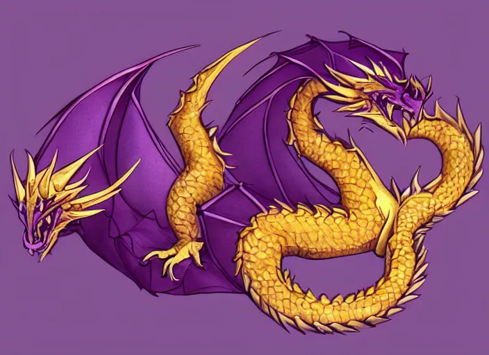 Image similar to A tiny cute purple and gold dragon lays down on its back, cute dragon relaxing, digital art, artstation