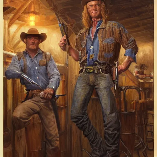 Image similar to two cowboys in a bar fighting ghouls, fantasy D&D character, portrait art by Donato Giancola and James Gurney, digital art, trending on artstation