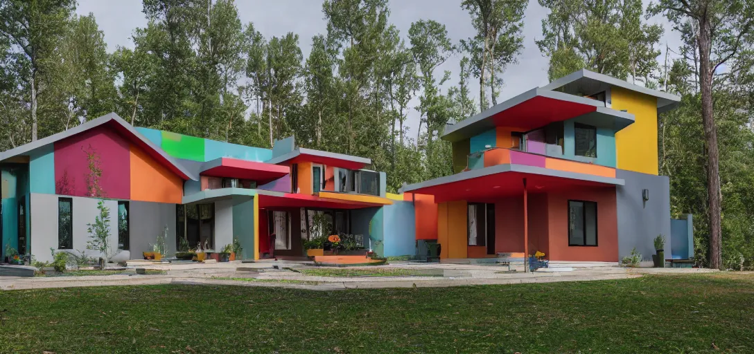 Image similar to modern house. multicolored. wes anderson. forest. 8 k.