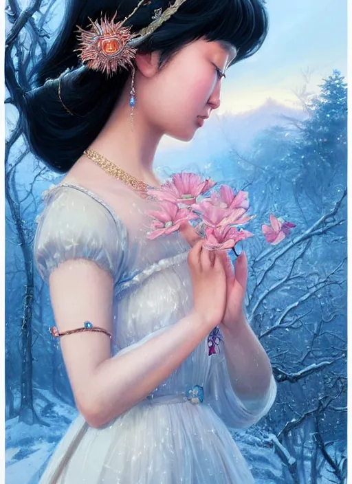 Prompt: a beautiful young charming princess asian goddess with sundress & jewelry & shinny eyes & winter, symmetric, realistic shaded, unpleasant face, good looking, fine details, dior, lv, realistic shaded lighting poster by greg rutkowski, macoto takahashi, magali villeneuve, artgerm, jeremy lipkin and michael garmash