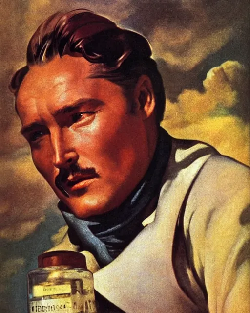 Image similar to Errol Flynn as a scientist. 1980s dystopian Soviet Russia, propaganda screens. Fantasy art by Gustave Courbet, Rosa Bonheur, Edward Hopper, Ilya Yefimovich Repin, Jean-François Millet, Andrew Newell Wyeth. Faithfully depicted facial expression, perfect anatomy, sharp focus, global illumination, radiant light, detailed and intricate environment, trending on ArtStation