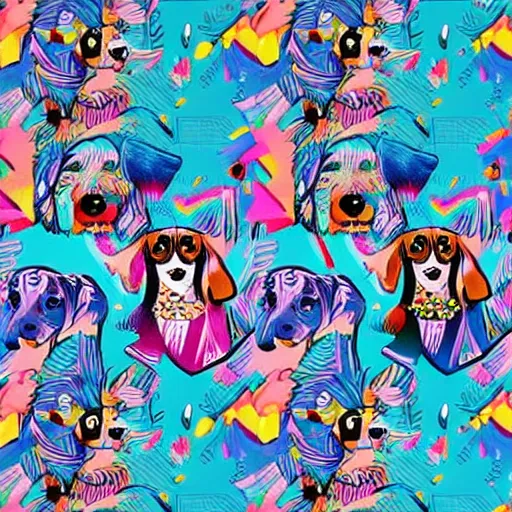 Image similar to lisa frank, mcbess illustration dachshund