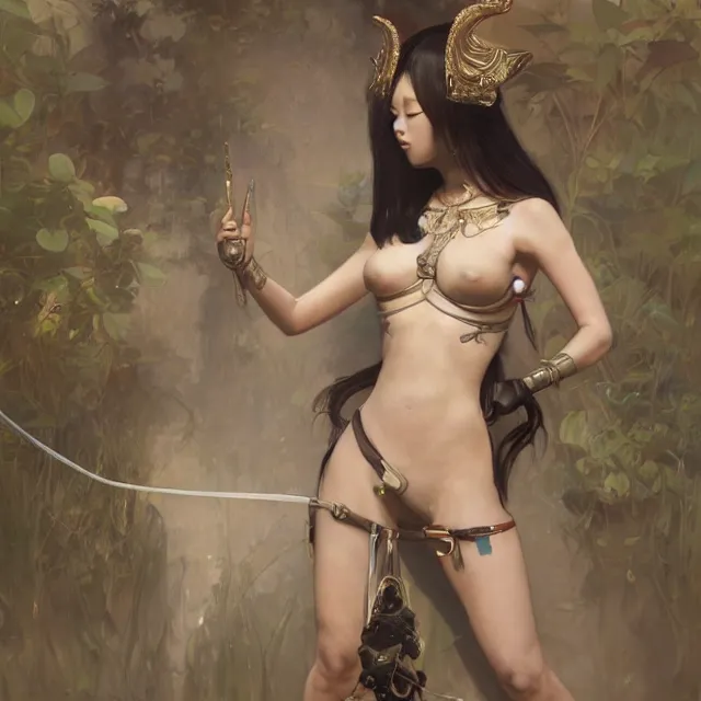 Image similar to asian domme mistress, full body, dominatrix, tribal, smooth white tight clothes suit, ornate, very beautiful, concept art, realistic painting, androgynous, afrofuturism, daz 3 d, cinematic, cgsociety, digital art by greg rutkowski, by alphonse mucha