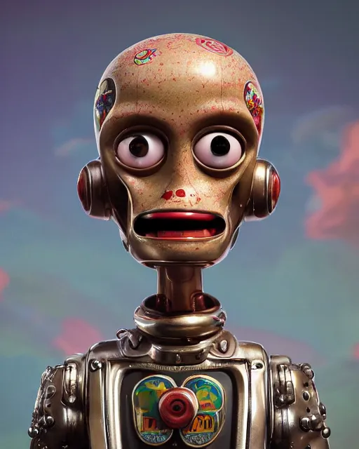 Image similar to highly detailed closeup, face profile portrait of a tin toy mars attacks, depth of field, fashion photoshoot by nicoletta ceccoli, mark ryden, lostfish, dan decarlo, bob clampett, max fleischer, breathtaking, detailed and intricate environment, 8 k resolution, hyperrealistic, octane render