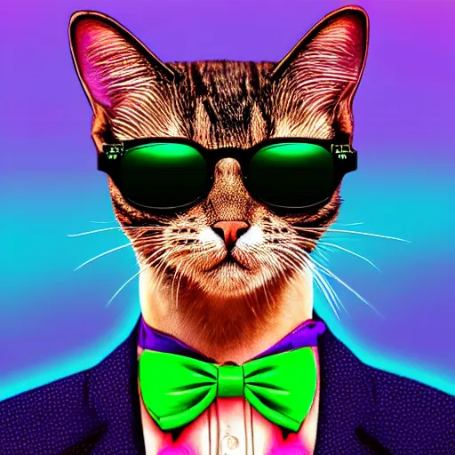 Prompt: A extremely highly detailed head and shoulders portrait of a highly detailed cute adorable retrowave cat wearing sunglasses and a bowtie, psychedelic synthwave, , psychedelic synthwave retrowave, high textures, hyper sharp, 8k, insanely detailed and intricate, precise textures, exact textures, accurate textures, highly detailed synthwave colors, highly detailed synthwave textures, synthwave, super detailed, 4k HDR hyper realistic high quality, octante render, elegant, retrowave, highly detailed retrowave desgn, highly detailed retrowave graphics, unreal engine 5, immaculate design, perfectly detailed in the style of synthwave retrowave Art