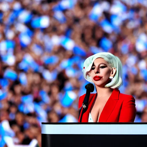 Image similar to Lady Gaga as president, Argentina presidential rally, Argentine flags behind, bokeh, giving a speech, detailed face, Argentina