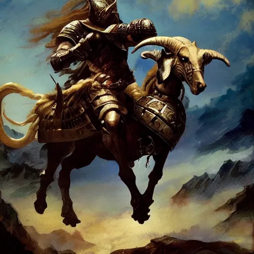 Prompt: knight riding a goat by frank frazetta, dynamic pose, chiaroscuro, fantasy, very detailed, dungeons & dragons, sharp focus, striking, artstation contest winner, detailed