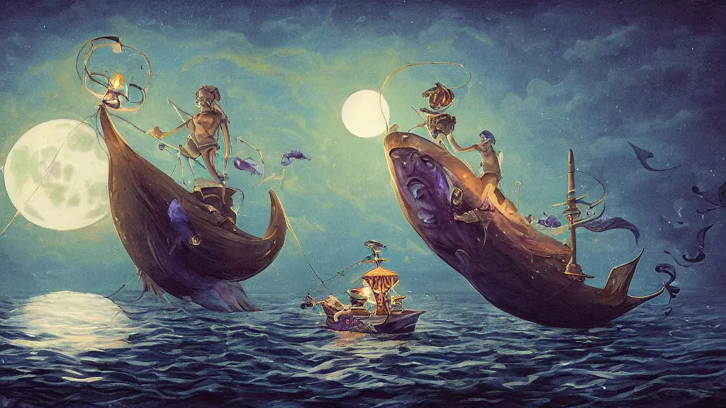 Prompt: a large!! surfacing anglerfish!!!! meets a lantern - holding!!!! sailor!!!! on a ( sloop ), ( background with large full moon and purple sky ), in the styles of tom coletti, jorge jacinto, and thomas veyrat intricate, accurate details