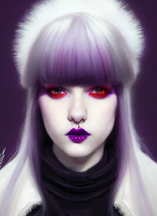 Image similar to portrait of white teenage girl, normal face, white bangs, mall goth, cyberlox, black and white hair, bangs, fluffy bangs, red contact lenses, purple lipstick, intricate, elegant, highly detailed, digital painting, artstation, concept art, sharp focus, smooth, illustration, art by wlop, mars ravelo and greg rutkowski