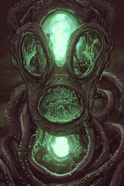 Image similar to rick and morty fused with lovecraft and vader helmet predator tentacle beard, realistic portrait, high details, intricate details, by vincent di fate, artgerm julie bell beeple, 90s, Smooth gradients, octane render, 8k, volumetric lightning, photo, High contrast, duo tone, depth of field, very coherent symmetrical artwork