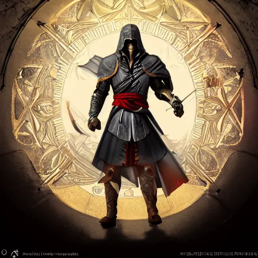Image similar to an ultra detailed vector image of ezio auditore dressed as solaire of astora, concept art by alphonse mucha and greg rutkowski, praise the blood moon, octane render, liminal space