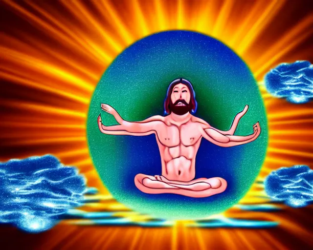 Image similar to [mind explosion]god floating down from heaven. he is meditating. inspired by meditation. [mind explosion] interdimensional teleportation