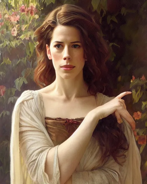 Prompt: a portrait painting of rebecca hall / kate mara / sabrina lloyd hybrid oil painting, gentle expression, smiling, elegant clothing, scenic background, extremely detailed and lifelike, artgerm, greg rutkowski, alphonse mucha, vladimir volegov, adolphe bouguereaum, greg hildebrandt