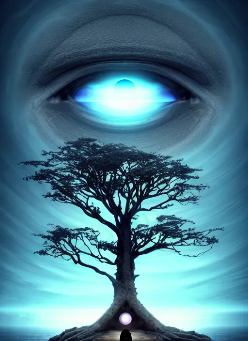 Image similar to a god tree from which planets or galaxies hang instead of futas, the tree is on top of a calm sea, in the background there is an eye whose iris coincides with the tree. fantasy art, horror, photo realistic, dynamic lighting, artstation, poster, volumetric lighting, very detailed faces, 4 k, award winning