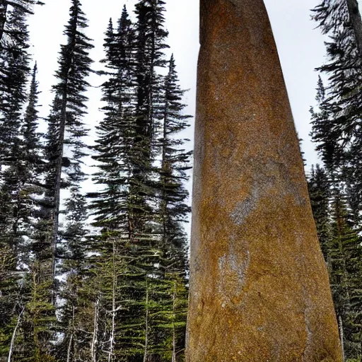 Image similar to a monolithic granite pillar in the boreal forest. overcast sky, grainy.