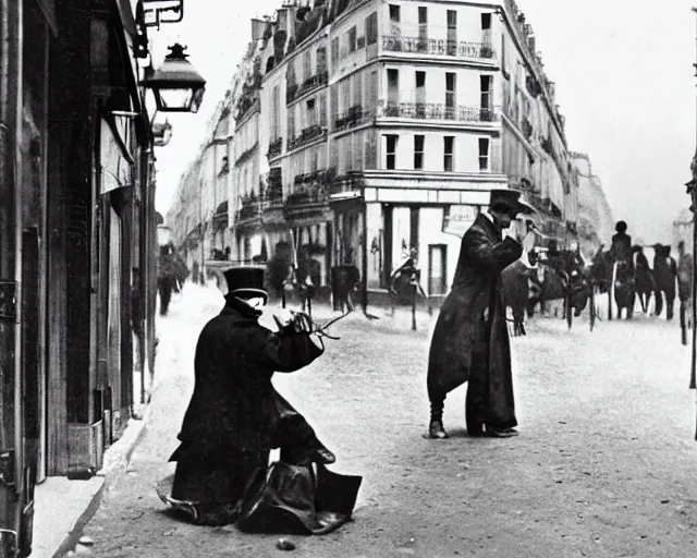 Image similar to a ragged clothed man begging on a street in early 2 0 th century paris. he has a top hat. street lights. evening. warm atmosphere. epic scene.