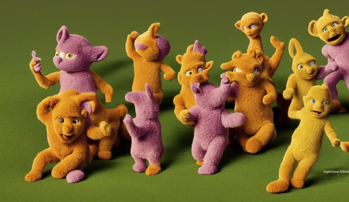 Prompt: natural history dioramas of teletubbies as furry animals