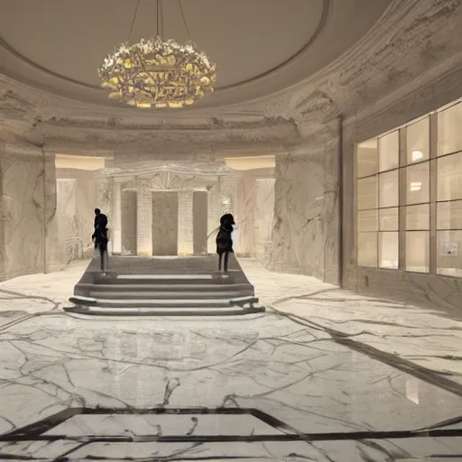 Prompt: the grand magical entrance, marble floors, art by kotaro chiba, volumetric lighting, epic composition