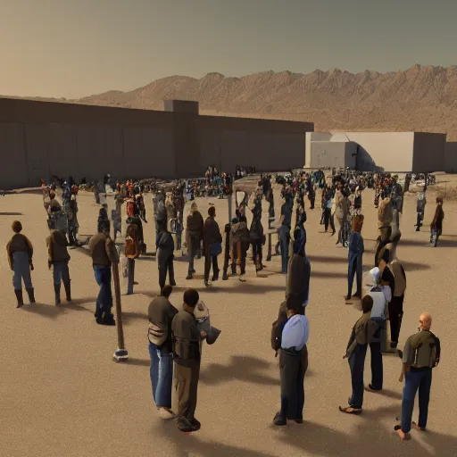 Prompt: a crowd gathering around | government security facility military | in the hot desert trending on artstation digital paint 4 k render