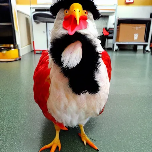 Prompt: photo of a cute chicken dressed as an inmate