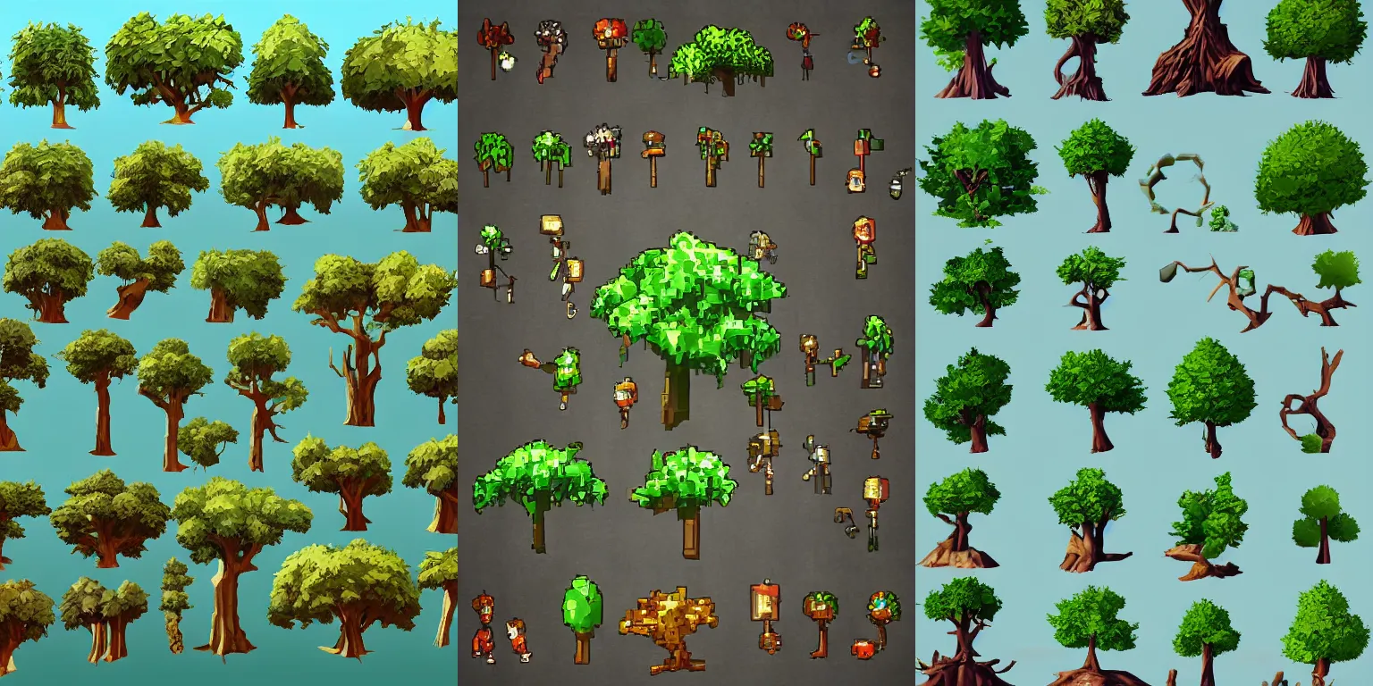 Prompt: video game sprite trees, hd, high resolution, stylized game art