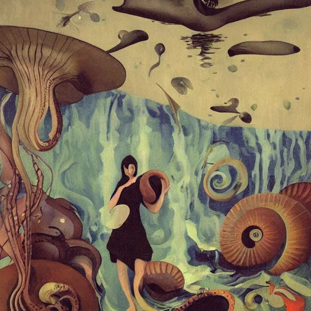 Image similar to tall female artist holding a nautilus in her flooded kitchen, pomegranates, octopus, water gushing from ceiling, painting of flood waters inside an artist's apartment, a river flooding indoors, candles, ikebana, zen, rapids, waterfall, black swans, canoe, berries, acrylic on canvas, surrealist, by magritte and monet