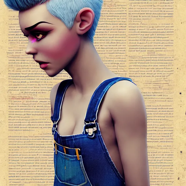 Image similar to full body pose, beautiful adult fairy, pixar, short white hair shaved sides, dirty, grungy, grunge, long sleeve, painted overalls, stacks of giant books, highly detailed, 4 k, hdr, smooth, sharp focus, high resolution, award - winning photo, artgerm, photorealistic