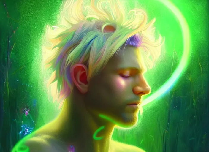 Prompt: harmony glowing neon tiny butterfly stars, mute, portrait, closed eyes, humanoid androgynous blonde male lion, wearing white fantasy, pond, green 🍃, rainbow hair overlay, beautiful lit, dark background, highly detailed, fantasy art by wlop, craig mullins, thomas kinkade