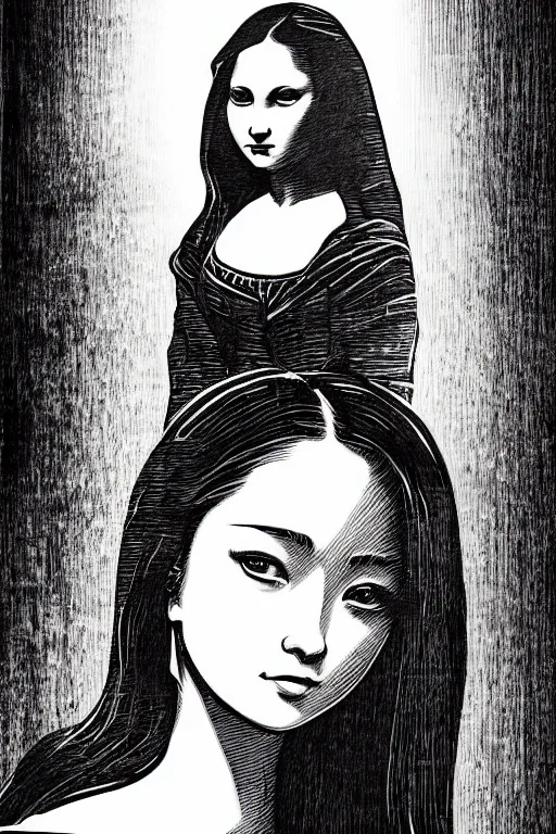 Image similar to beautiful portrait of a woman, negative no not mona lisa pose, highly detailed ink illustration of a dark alley of taipei, b & w clean shaped illustration by kim jung gi, ric estrada, ron english and eiichiro oda