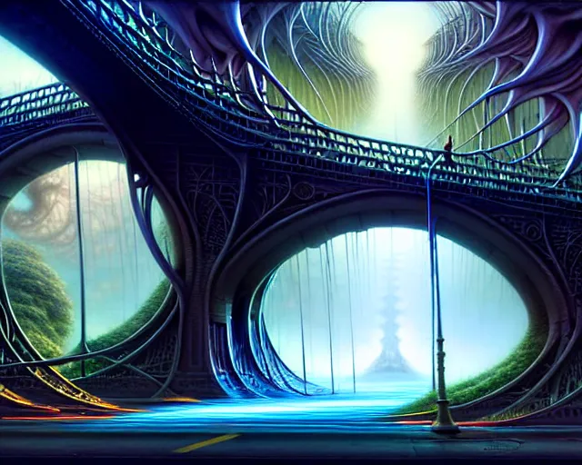 Prompt: street view of a bridge being held up by two handsl, fantasy landscape made of fractals facing each other, ultra realistic, wide angle, intricate details, the fifth element artifacts, highly detailed by peter mohrbacher, hajime sorayama, wayne barlowe, boris vallejo, aaron horkey, gaston bussiere, craig mullins