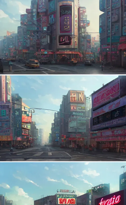 Image similar to A highly detailed matte painting of Buildings with Billboards and neonsigns by Studio Ghibli, Makoto Shinkai, by Artgerm, by WLOP, by Greg Rutkowski, volumetric lighting, octane render, 4K resolution, trending on artstation, masterpiece