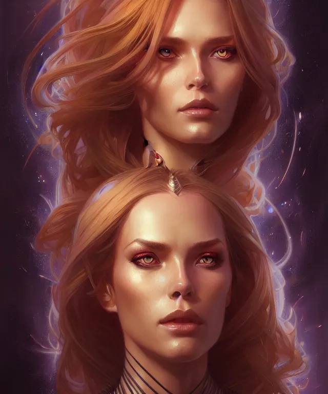 Image similar to futuristic woman portrait, sci-fi, amber eyes, face, long hair, fantasy, intricate, elegant, highly detailed, digital painting, artstation, concept art, smooth, sharp focus, illustration, art by artgerm and greg rutkowski and alphonse mucha