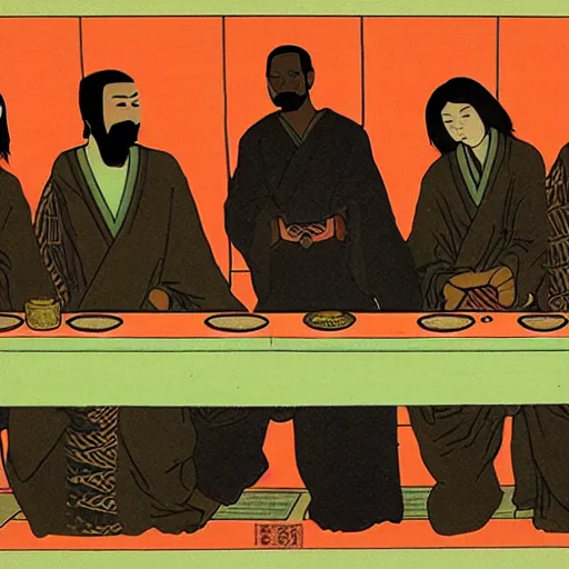 Image similar to Kanye at the last supper, Japanese woodblock art style