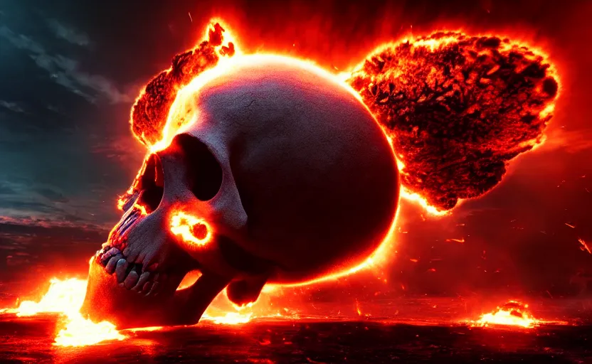 Image similar to skull shaped thermonuclear explosion of blood, cinematic shot, dramatic volumetric lighting, epic composition, 4K Ultra HD