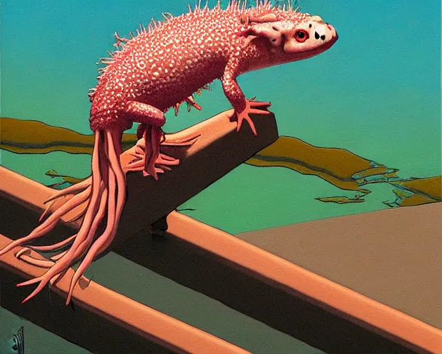 Image similar to a painting of an axolotl by guy billout