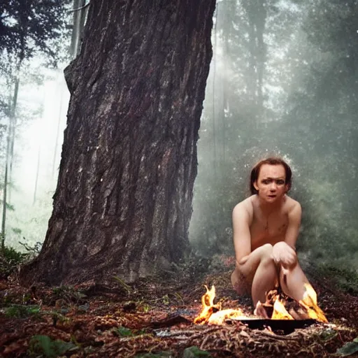 Prompt: candid photo of in the woods, sitting on the porcelain throne, playing with fire by Annie Leibowitz, photorealisitc, extremely detailed