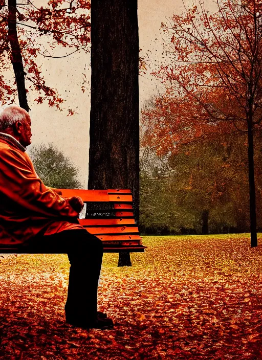 Image similar to conceptual photography portrait of an old man on a park bench fading into nothing, autumn tranquility, forgetfulness, fading to dust and leaves, oblivion, inevitability, aging, surreal portrait, moody, deep oranges and browns, color toning, hopeless, 4 k