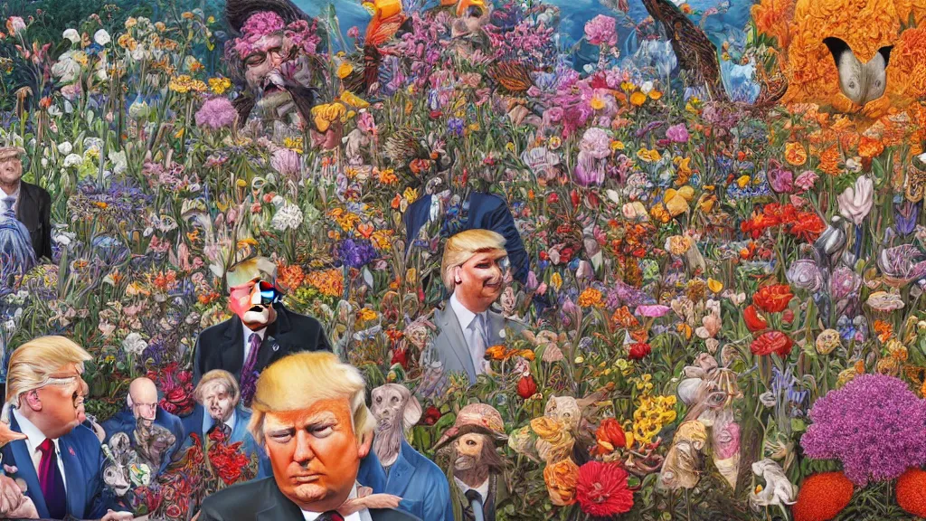 Image similar to highly detailed oil painting of donald trump surrounded by all the known species of flowers by olaf hayek, by moebius, by oliver vernon, by joseph moncada, by damon soule, by manabu ikeda, by kyle hotz, by dan mumford, by kilian eng