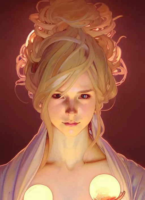 Image similar to digital character concept art by artgerm and greg rutkowski and alphonse mucha. clear portrait of a young wife blessed by god to uncontrollably become overwhelmingly perfect!! blonde, clothed! obviously feminine holy body!! light effect. hyper detailed, glowing lights!! intricate, elegant, digital painting, artstation, smooth, sharp focus