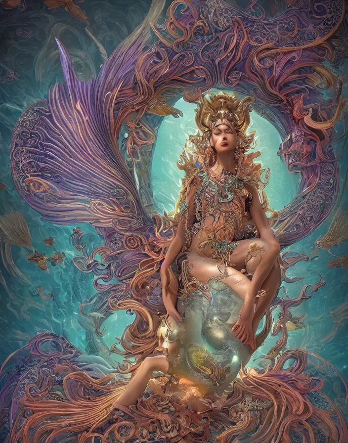 Prompt: goddess portrait, mermaid siren phoenix dragon, butterfly squid, burning halo mandala symmetrical ornament, intricate artwork by Tooth Wu and james jean and beeple and greg rutkowski, coherent symmetrical artwork, cinematic, hyper realism, high detail, octane render, unreal engine, 8k, Vibrant colors, Smooth gradients, High contrast, depth of field