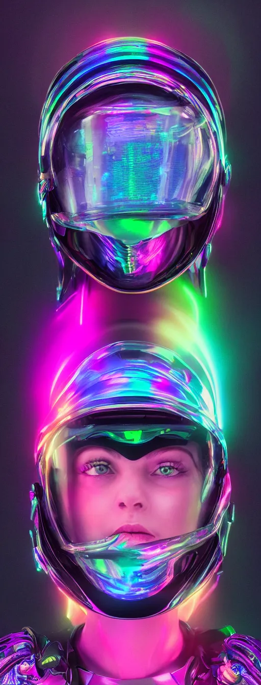 Image similar to a women wearing neon helmet with a visor iridescent, beautiful, technological, unreal, hyper-detailed, mega-detailed, realistic, cinematic, octane render, concept art, dark, cosmic, ominous, symmetric, colorful and dark