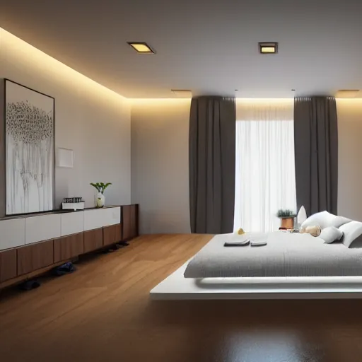 Prompt: Bedroom house, luxury, modern, artstation, hyper realistic, 8K, cool lighting, sleek, bed, cabinet furniture, large windows to beach at night