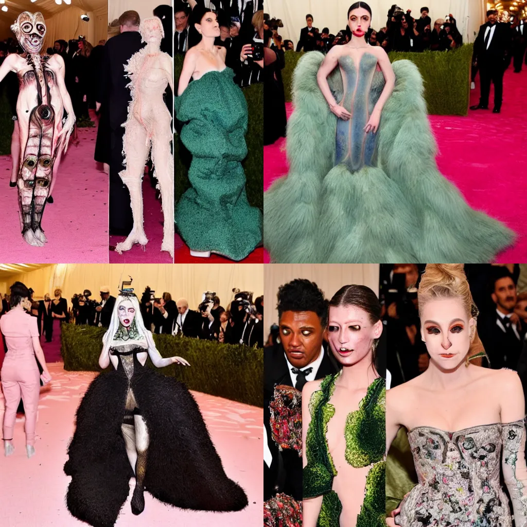 Prompt: the met gala but everyone looks like body horror abominations of a cronenberg movie