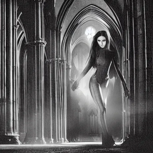 Prompt: jessica alba as a female demon in a gloomy gothic cathedral at night