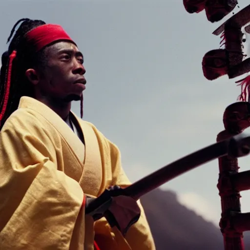 Image similar to cinematic film still Lil' Wayne starring as a Samurai holding fire, Japanese CGI, VFX, 2003, 400mm lens, f1.8, shallow depth of field,film photography