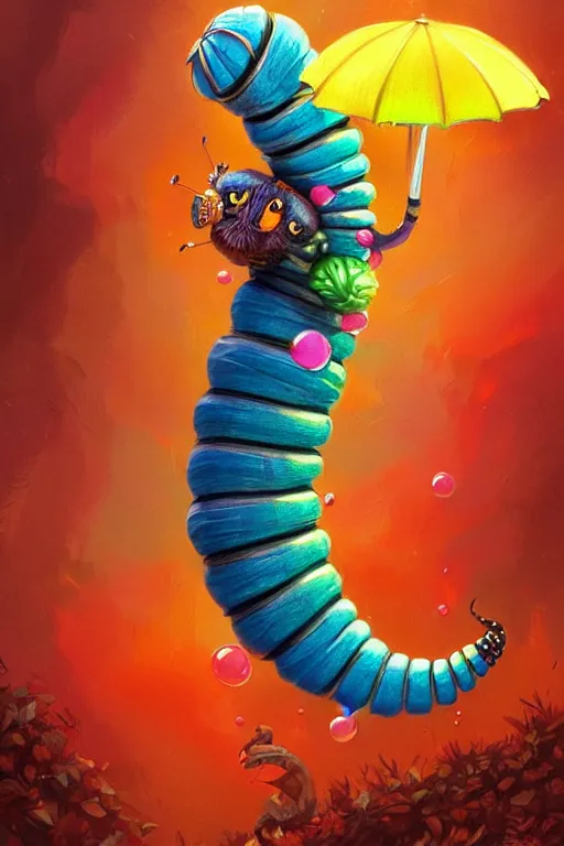 Prompt: a cute caterpillar with an umbrella, colorful, fantasy, intricate, highly detailed, digital painting, HQ, trending on artstation, illustration, style of Stanley Artgerm and Greg Rutkowski and Dan Mumford