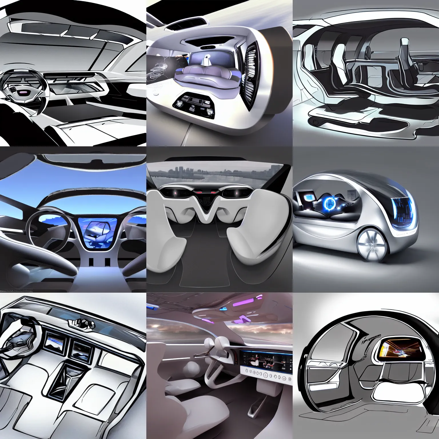 Prompt: inside of an unmanned auto car that can fly, concept art, chrome plated