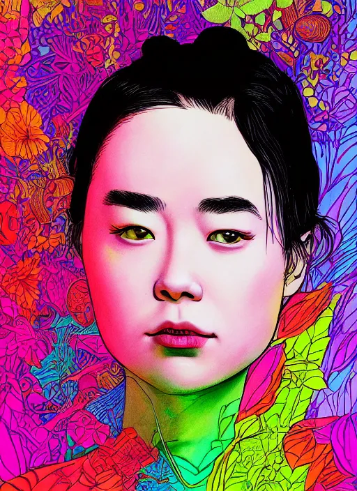 Image similar to closeup portrait of mitski, an ultrafine detailed illustration by james jean, intricate linework, bright colors, final fantasy, behance contest winner, vanitas, angular, altermodern, unreal engine 5 highly rendered, global illumination, radiant light, detailed and intricate environment