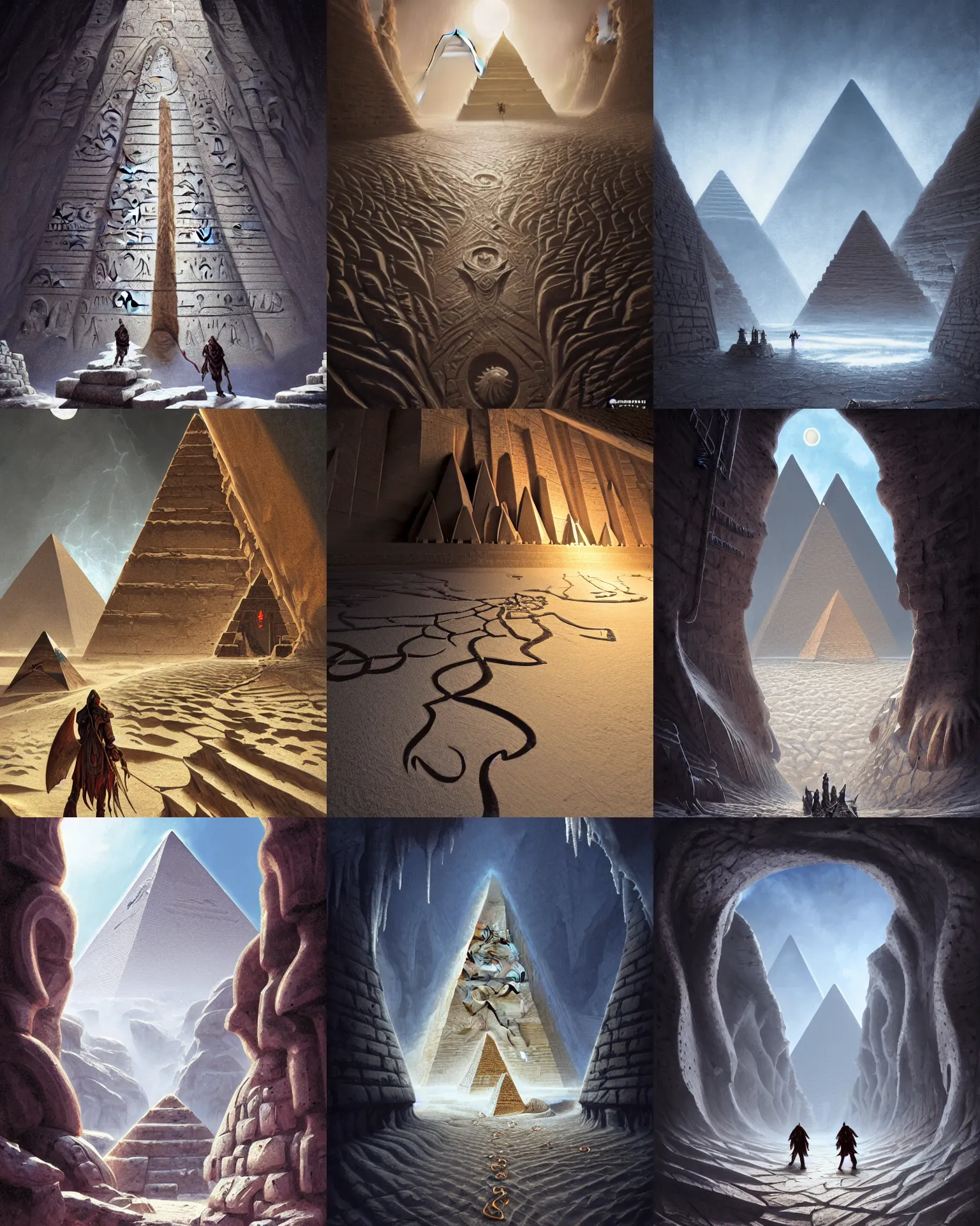 Prompt: carved symbols on icy wall of pyramid, sand stone floor, giantic dungeon, dnd digital fantasy art, scarabeys, egypt glifs, mountains of madness, evil fluid, tentacles, creepy, by greg rutkowski